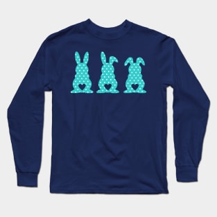 Three Easter Bunnies with Heart Shaped Tails Blue Polkadots Long Sleeve T-Shirt